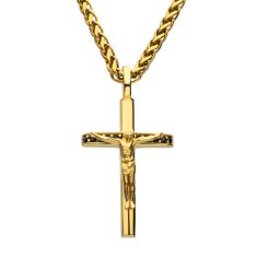 INOX Black Sapphire Gold Ion-Plated Stainless Steel Crucifix Pendant Necklace INOX Black Sapphire Gold Ion-Plated Stainless Steel Crucifix Pendant Necklace