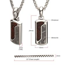 INOX Dinosaur Bone and Meteorite Inlay Stainless Steel Dog Tag Pendant Necklace