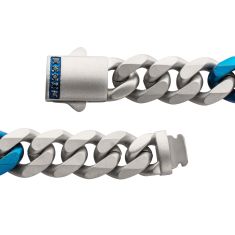 INOX Stainless Steel and Blue Ion-Plated 8mm Beveled Cuban Chain Bracelet