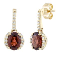 Oval Garnet and 1/4ctw Diamond 14k Yellow Gold Drop Earrings