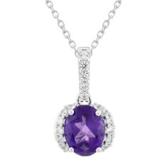 Oval Amethyst and Created White Sapphire Sterling Silver Pendant Necklace 1