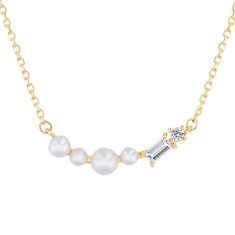 Freshwater Cultured Pearl and  Created White Sapphire 10k Yellow Gold Necklace 1