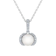 7mm Freshwater Cultured Pearl and Created White Sapphire Sterling Silver Pendant Necklace 1
