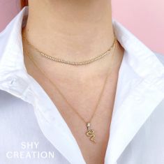 Shy Creation Emerald and 1/15ctw Diamond 14k Yellow Gold Snake Necklace