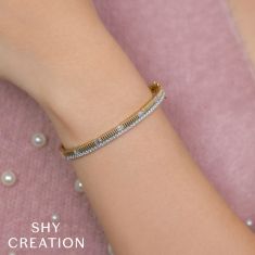 Shy Creation 1 1/8ctw Emerald Diamond 14k Yellow Gold Ribbed Bangle Bracelet