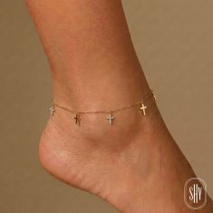 Shy Creation 1/20ctw Diamond 14k Yellow Gold Cross Charm Anklet