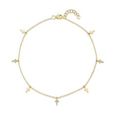 Shy Creation 1/20ctw Diamond 14k Yellow Gold Cross Charm Anklet