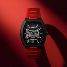Bulova Maquina Automatic Black Dial Red Rubber Strap Watch 40mm - 98A341
