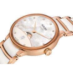 Rado Centrix Moonphase Diamonds Rose Gold-Tone PVD and White High-Tech Ceramic Bracelet Watch 35mm - R30232922