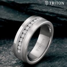TRITON Tungsten 1/2ctw Diamond Silver Satin Finish Inlay Round Edge Wedding Band 8mm