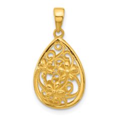 24k Yellow Gold Filigree Floral Teardrop Pendant 1