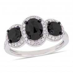 2 1/4ctw Treated Black Diamond and Diamond Sterling Silver Three-Stone Halo Engagement Ring