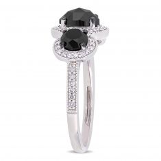 2 1/4ctw Treated Black Diamond and Diamond Sterling Silver Three-Stone Halo Engagement Ring