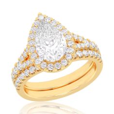 2 7/8ctw Pear Lab Grown Diamond Halo Yellow Gold Engagement and Wedding Ring Bridal Set