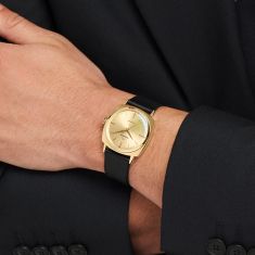 Movado Heritage Kingmatic Automatic Gold-Tone Dial Black Leather Strap Watch 35mm - 3650173