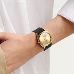 Movado Heritage Kingmatic Automatic Gold-Tone Dial Black Leather Strap Watch 35mm - 3650173