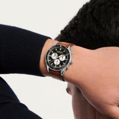 Movado Heritage Calendoplan S Chronograph Black Dial Brown Leather Strap Watch 42mm - 3650202