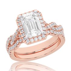 3 3/4ctw Emerald Lab Grown Diamond Halo Twist Band Rose Gold Engagement and Wedding Ring Bridal Set
