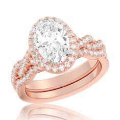 3 3/4ctw Oval Lab Grown Diamond Halo Twist Band Rose Gold Engagement and Wedding Ring Bridal Set