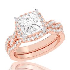 3 3/4ctw Princess Lab Grown Diamond Halo Twist Band Rose Gold Engagement and Wedding Ring Bridal Set