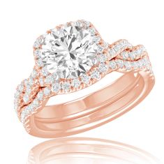 3 3/4ctw Round Lab Grown Diamond Halo Twist Band Rose Gold Engagement and Wedding Ring Bridal Set