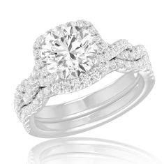 3 3/4ctw Round Lab Grown Diamond Halo Twist Band White Gold Engagement and Wedding Ring Bridal Set