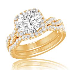 3 3/4ctw Round Lab Grown Diamond Halo Twist Band Yellow Gold Engagement and Wedding Ring Bridal Set