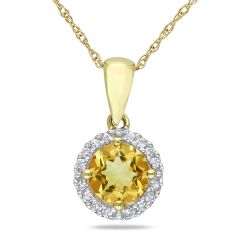 Citrine and 1/10ctw Diamond Halo Yellow Gold Pendant Necklace