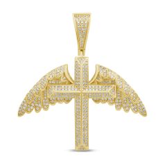 3/4ctw Diamond Yellow Gold Angel Wings Cross Pendant