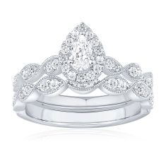 3/4ctw Pear Diamond Halo White Gold Engagement and Wedding Ring Bridal Set - Couture Collection