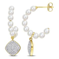 3.5-4mm White Freshwater Cultured Pearl 1/20ctw Diamond Heart Charm Yellow Gold Fashion Post Earrings