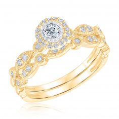 3/8ctw Diamond Vintage-Inspired Yellow Gold Engagement and Wedding Ring Bridal Set | Glow Collection
