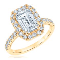 3ctw Emerald-Cut Lab Grown Diamond Halo Yellow Gold Engagement Ring - Chemistry