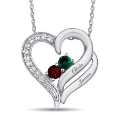 Personalized Gemstone and 1/8ctw Lab Grown Diamond or Created White Sapphire Couple's Heart Necklace 1