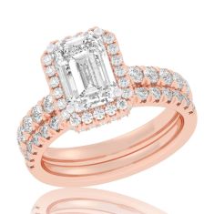 4 1/4ctw Emerald Lab Grown Diamond Halo Rose Gold Engagement and Wedding Ring Bridal Set