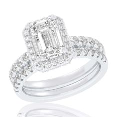 4 1/4ctw Emerald Lab Grown Diamond Halo White Gold Engagement and Wedding Ring Bridal Set