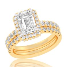 4 1/4ctw Emerald Lab Grown Diamond Halo Yellow Gold Engagement and Wedding Ring Bridal Set
