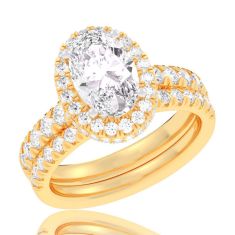 4 1/4ctw Oval Lab Grown Diamond Halo Yellow Gold Engagement and Wedding Ring Bridal Set
