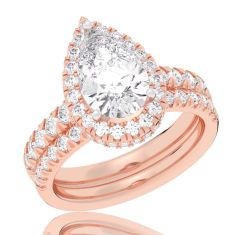 4 1/4ctw Pear Lab Grown Diamond Halo Rose Gold Engagement and Wedding Ring Bridal Set