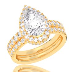 4 1/4ctw Pear Lab Grown Diamond Halo Yellow Gold Engagement and Wedding Ring Bridal Set