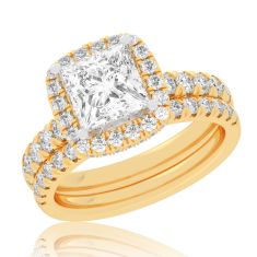 4 1/4ctw Princess Lab Grown Diamond Halo Yellow Gold Engagement and Wedding Ring Bridal Set