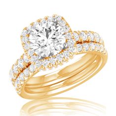 4 1/4ctw Round Lab Grown Diamond Halo Yellow Gold Engagement and Wedding Ring Bridal Set