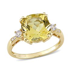 Cushion Citrine, Created White Sapphire, and Diamond Accent Yellow Gold Ring