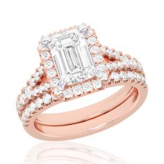 4ctw Emerald Lab Grown Diamond Halo Rose Gold Engagement and Wedding Ring Bridal Set