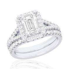 4ctw Emerald Lab Grown Diamond Halo White Gold Engagement and Wedding Ring Bridal Set