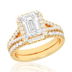 4ctw Emerald Lab Grown Diamond Halo Yellow Gold Engagement and Wedding Ring Bridal Set