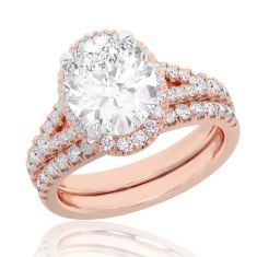 4ctw Oval Lab Grown Diamond Halo Rose Gold Engagement and Wedding Ring Bridal Set