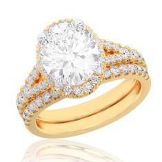 4ctw Oval Lab Grown Diamond Halo Yellow Gold Engagement and Wedding Ring Bridal Set