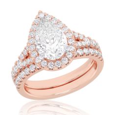 4ctw Pear Lab Grown Diamond Halo Rose Gold Engagement and Wedding Ring Bridal Set