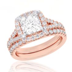 4ctw Princess Lab Grown Diamond Halo Rose Gold Engagement and Wedding Ring Bridal Set